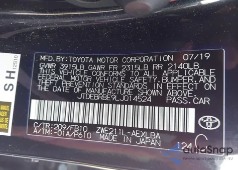 2020 Toyota Corolla Hybrid Le from USA, damaged, VIN JTDEBRBE9LJ014524
